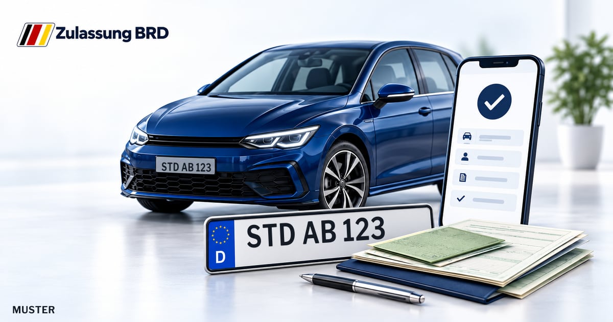 Online Fahrzeugzulassung in Buxtehude: Musterkennzeichen STD AB 123, Auto und Fahrzeugpapiere und Smartphone. Illustration mit Logo von Zulassung BRD.